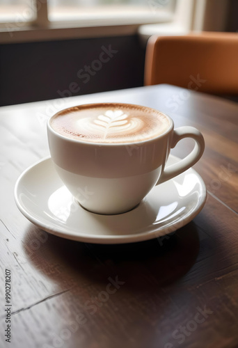 cup of hot coffee on a wooden table in a chill and relaxing cafe or coffee shop. 