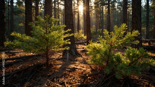 Soft Rays Through Autumn Pines. Sunlight filtering through a pine forest with golden needles on the ground. Realistic style. photo