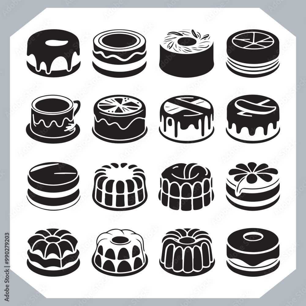 Set of cake silhouette, symbol of the cake holiday, birthday, anniversary, wedding, festive, Birthday cake icons set silhouette vector in white background Set of cake silhouette, symbol of the cake holiday, birthday, anniversary, wedding, festive, Birthday cake icons set silhouette vector in white background