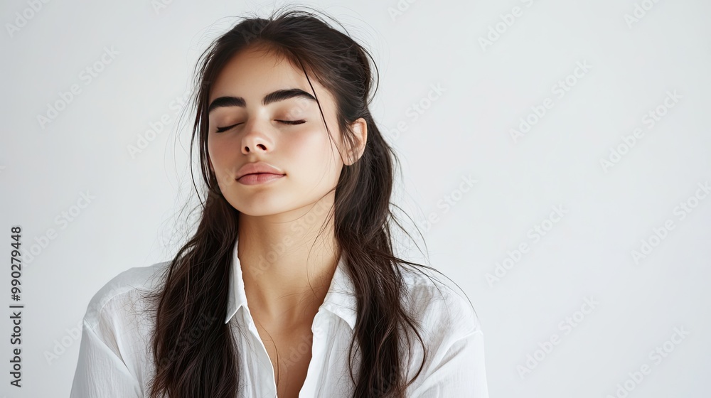 Woman with eyes closed in white shirt. Great for beauty, relaxation, or mindfulness themes.