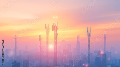 Futuristic Cityscape at Sunset - Glowing Skyscrapers and Telecommunication Towers