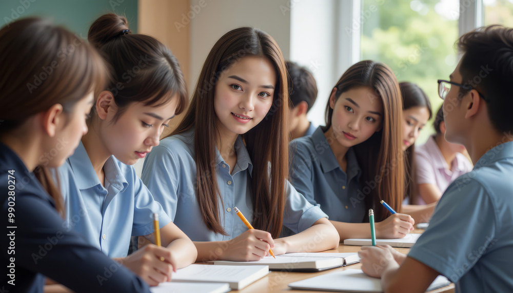 Group of students studying together in a classroom setting, focused and engaged. Group of students studying together in a classroom setting, focused and engaged.