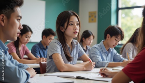 Group of students studying attentively in a classroom at school.