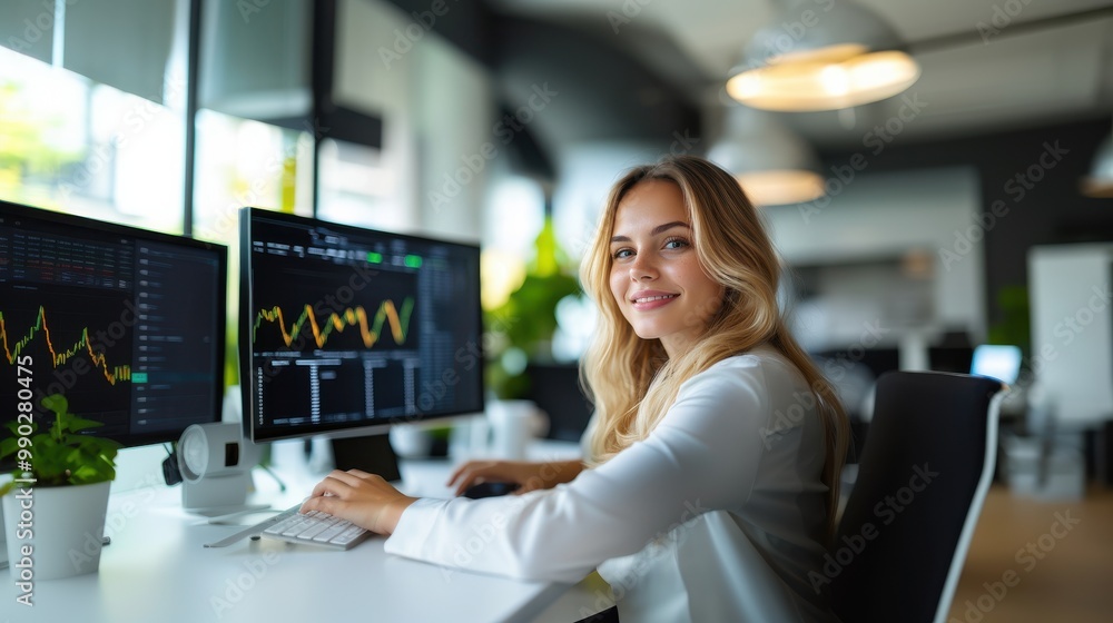 Businesswoman working on computer with stock market chart. Businesswoman working on computer with stock market chart.