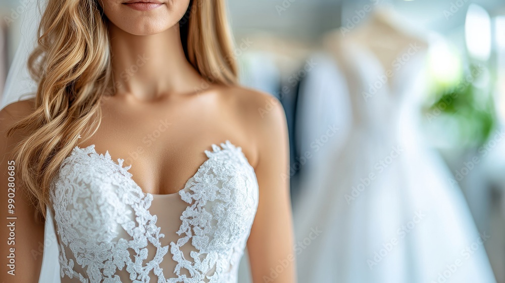 Woman in elegant lace wedding dress. Woman in elegant lace wedding dress.
