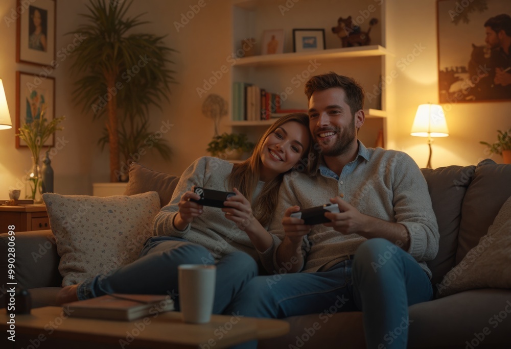 Obraz premium a man and woman sitting on a couch playing video games