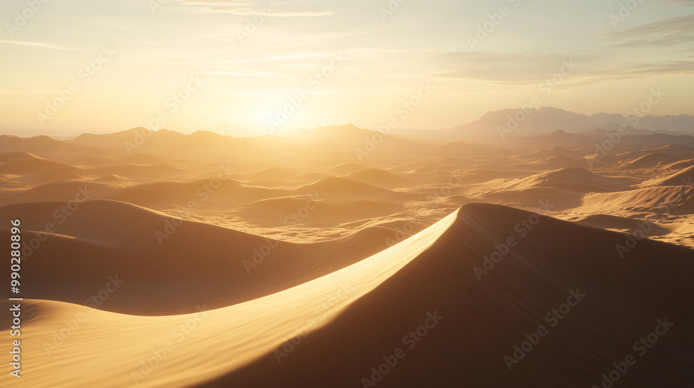 Naklejka premium golden desert dunes at sunset - warm and hazy landscape