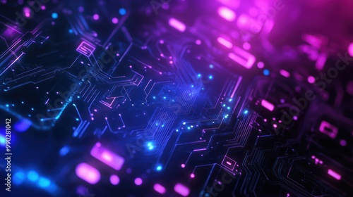 Blue and purple technology background circuits intertwine, illustrating the seamless fusion of advanced engineering and artistic design, Sharpen with copy space