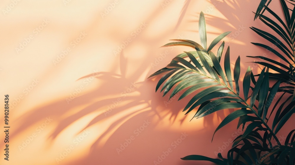 Palm leaves casting shadow on peach background. Perfect for summer, tropical, or nature-themed designs. Palm leaves casting shadow on peach background. Perfect for summer, tropical, or nature-themed designs.