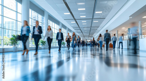 abstract motion blur image depicts a dynamic crowd of business people, symbolizing the fast-paced nature of corporate life, collaboration, and the energy of teamwork in modern business environments