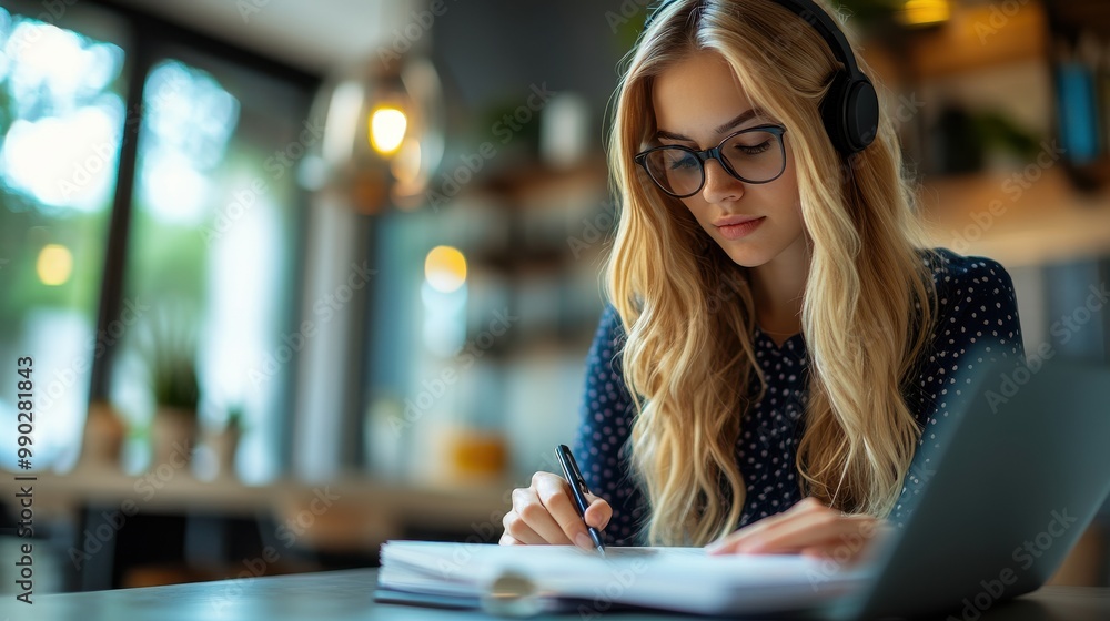 Fototapeta premium Woman Writing in Notebook while Wearing Headphones.