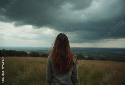 Woman standing in meadow, looking at the horizon and dark dramatic stormy clouds, rear view