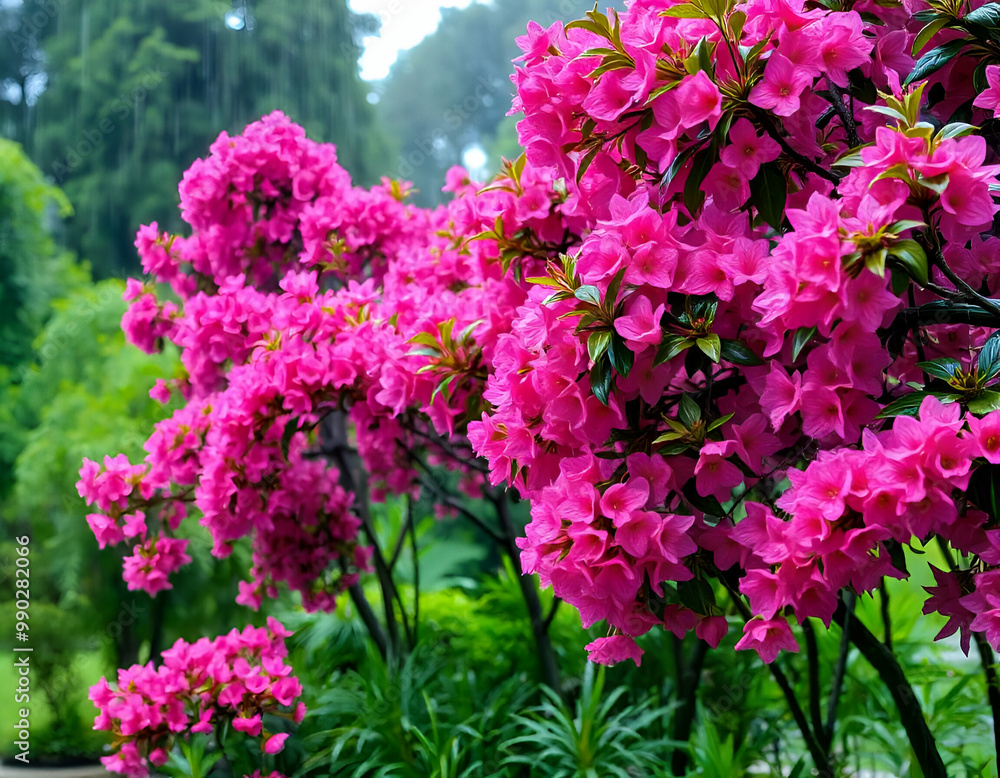 A lush, vibrant garden filled with blooming pink azalea flowers, creating a beautiful and colorful natural scene A lush, vibrant garden filled with blooming pink azalea flowers, creating a beautiful and colorful natural scene