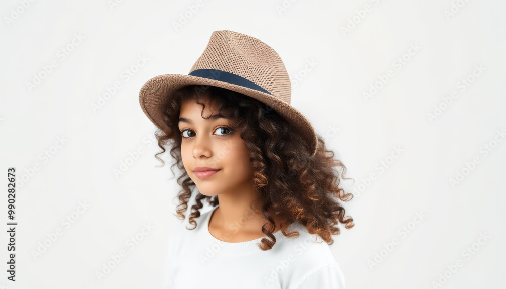 Young girl with curly hair and a stylish hat on a white isolated background.