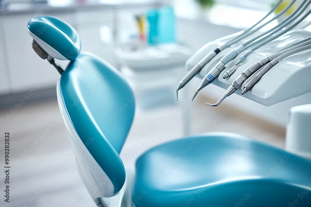 Blue Dental Chair and Tools in a Clean Office Blue Dental Chair and Tools in a Clean Office