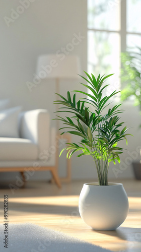 white potted plant on wooden floor in minimalist living room interior with sunlight streaming in