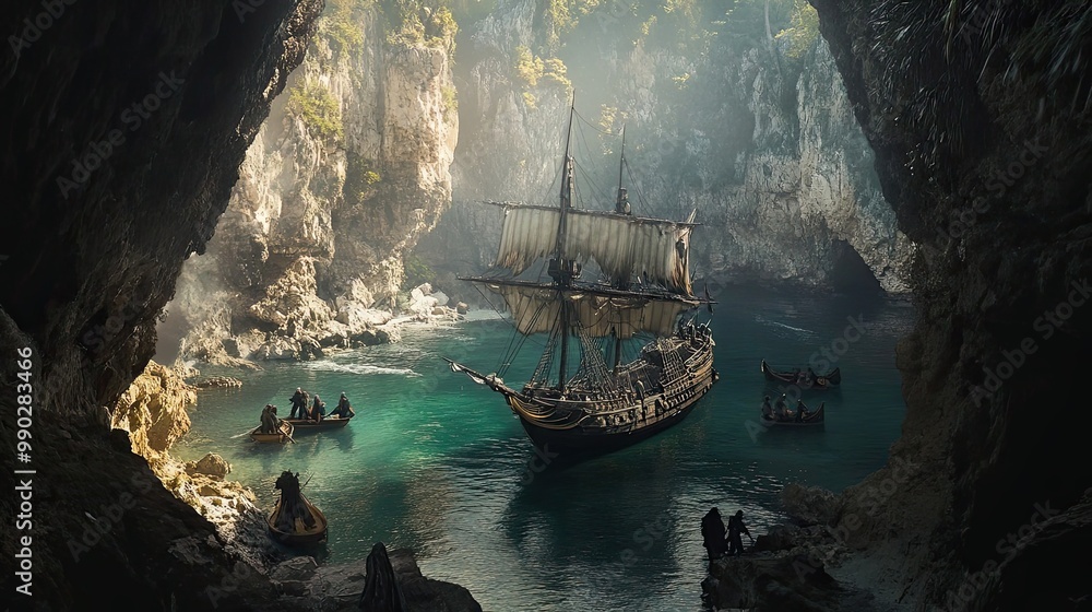 A large sailing ship docked in a cove surrounded by rocky cliffs A large sailing ship docked in a cove surrounded by rocky cliffs
