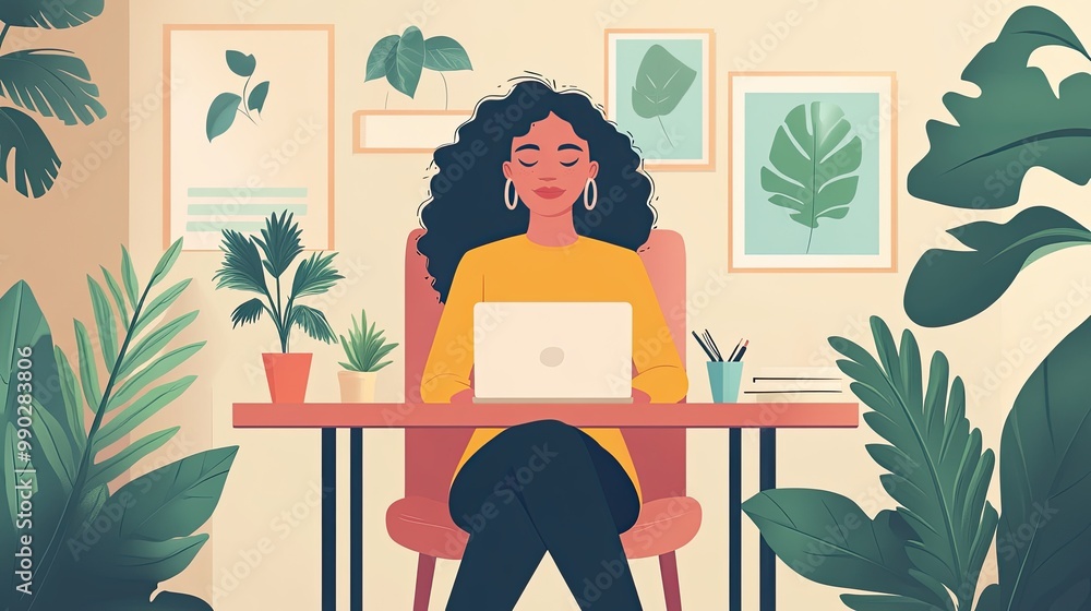 Woman working on laptop in a home office. This photo depicts a woman working from home, showcasing a modern and relaxing work environment. Woman working on laptop in a home office. This photo depicts a woman working from home, showcasing a modern and relaxing work environment.