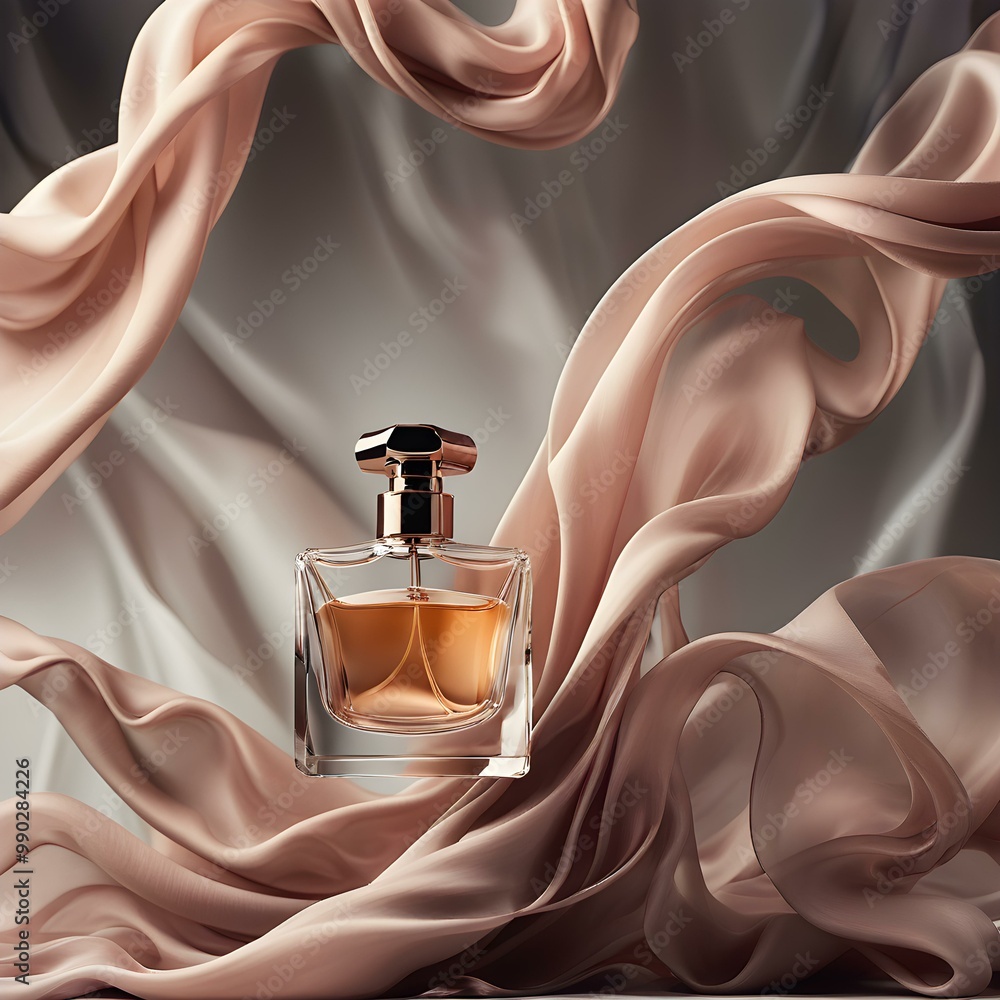 Perfume bottle suspended in mid-air with a background of abstract, flowing silk fabric in muted colors Perfume bottle suspended in mid-air with a background of abstract, flowing silk fabric in muted colors