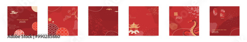 2025 Year of the Snake Luxury Square Poster Collection with Lanterns, Asian Clouds in Red and Gold Colors. Premium Templates Featuring Temples and Zodiac Snake Symbols for Chinese New Year Posts.