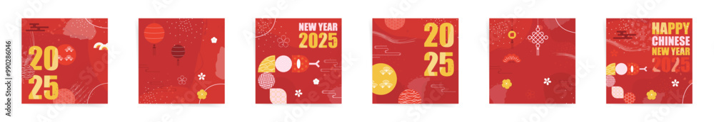 Square Banner Set. Year of the Snake Template with Golden Snake and Ornaments. Red and Gold Minimal Geometric Design for Lunar New Year Sale Cards and Promotions. Square Banner Set. Year of the Snake Template with Golden Snake and Ornaments. Red and Gold Minimal Geometric Design for Lunar New Year Sale Cards and Promotions.