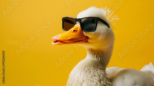 Stylish Duck Wearing Sunglasses on a Yellow Background, Trendy Duck Portrait with Sunglasses, Fun and Whimsical Bird Fashion Concept, Animal Close-Up in Summer Vibes