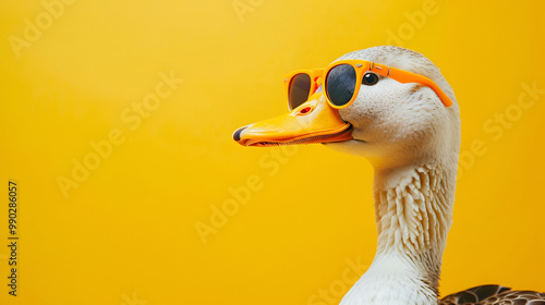 Stylish Duck Wearing Sunglasses on a Yellow Background, Trendy Duck Portrait with Sunglasses, Fun and Whimsical Bird Fashion Concept, Animal Close-Up in Summer Vibes
