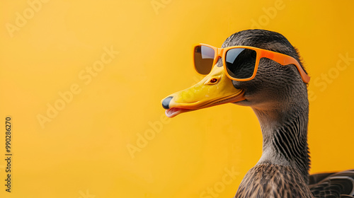Stylish Duck Wearing Sunglasses on a Yellow Background, Trendy Duck Portrait with Sunglasses, Fun and Whimsical Bird Fashion Concept, Animal Close-Up in Summer Vibes