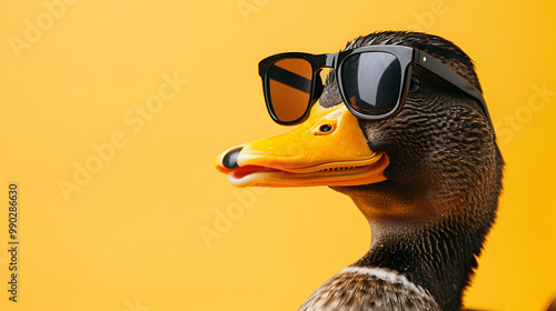 Stylish Duck Wearing Sunglasses on a Yellow Background, Trendy Duck Portrait with Sunglasses, Fun and Whimsical Bird Fashion Concept, Animal Close-Up in Summer Vibes