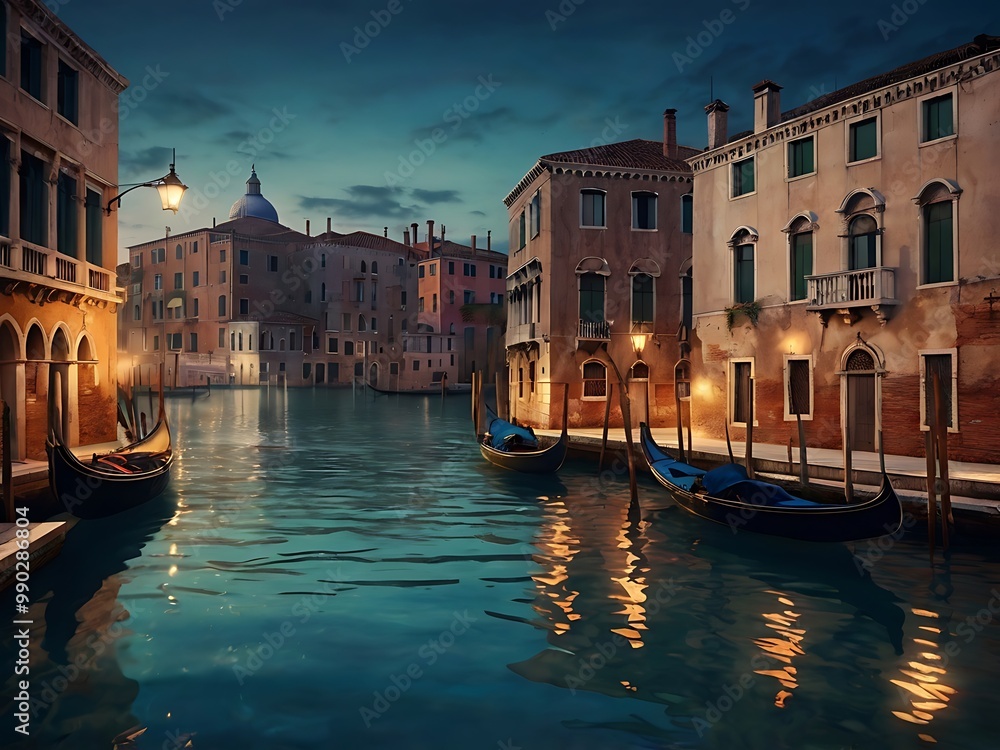 Obraz premium Gondolas Drifting in Twilight on Venice Canal