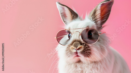 Cool Bunny Wearing Sunglasses on a Pink Background, Adorable Rabbit Fashion Portrait, Trendy Rabbit with Shades, Fun and Playful Animal with a Fashion-Forward Look