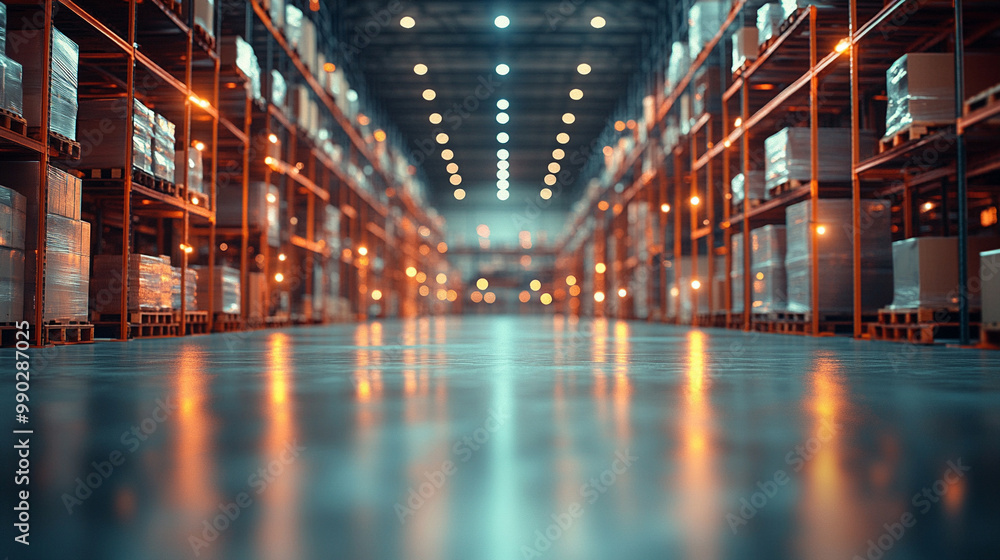 blurred business background featuring a warehouse setting conveys a sense of movement and dynamism. This image symbolizes the fast-paced nature of commerce, flexibility, and the merging of technology 