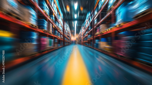 blurred business background featuring a warehouse setting conveys a sense of movement and dynamism. This image symbolizes the fast-paced nature of commerce, flexibility, and the merging of technology 