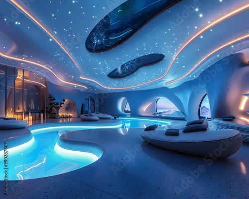 Bioluminescent Spa Oasis Serene Glowing Relaxation Experience in Futuristic Aquatic Ambience