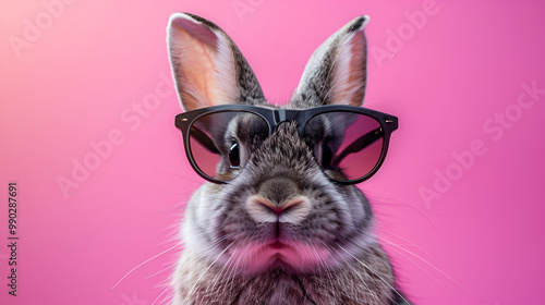 Cool Bunny Wearing Sunglasses on a Pink Background, Adorable Rabbit Fashion Portrait, Trendy Rabbit with Shades, Fun and Playful Animal with a Fashion-Forward Look