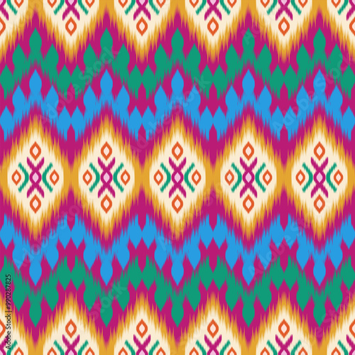 Colorful of Ikat pattern, Thai art design, Ikat Ornament style, Ikat Print. Abstract geometric seamless pattern background traditional ethic for clothing, fabric, textile, fashion.