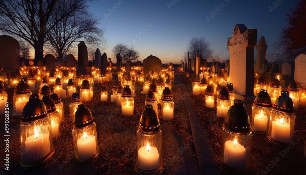 A cluster of lit candles on gravestones at dusk, illuminating the surrounding darkness and creating a serene atmosphere of remembrance and honor for the departed A cluster of lit candles on gravestones at dusk, illuminating the surrounding darkness and creating a serene atmosphere of remembrance and honor for the departed