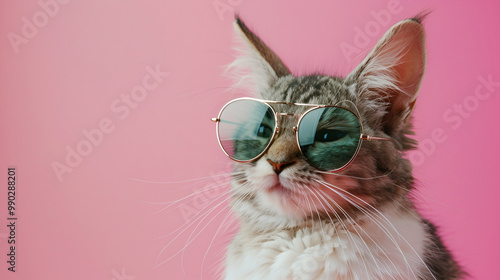 Cool Bunny Wearing Sunglasses on a Pink Background, Adorable Rabbit Fashion Portrait, Trendy Rabbit with Shades, Fun and Playful Animal with a Fashion-Forward Look