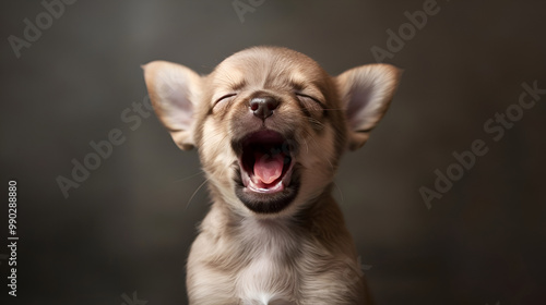 Playful Puppy with Tongue Out on a Black Background, Cute Dog Expression, Adorable Puppy Portrait in Studio Lighting, Fun and Energetic Dog Posing in a Cute Close-Up