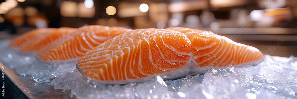 fresh salmon fillet steaks on ice at a fish counter, fish market, sale of fresh fish, beautiful marbling and strong color, freshly caught fresh salmon fillet steaks on ice at a fish counter, fish market, sale of fresh fish, beautiful marbling and strong color, freshly caught