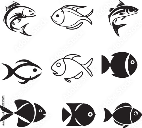 9 Popular Fish Species Black and White Icons
