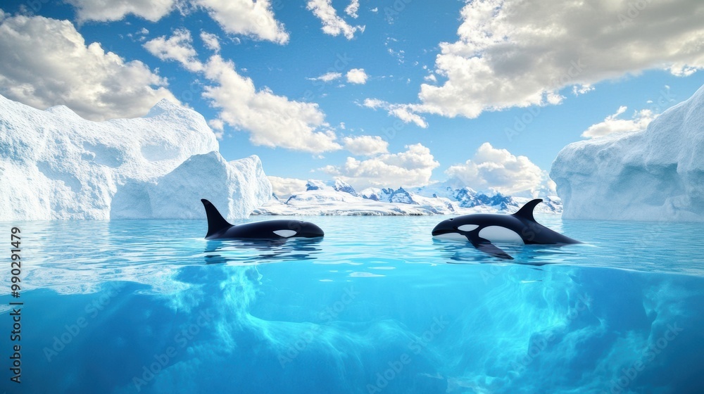 Fototapeta premium Orcas Swimming in Ice-Cold Arctic Waters