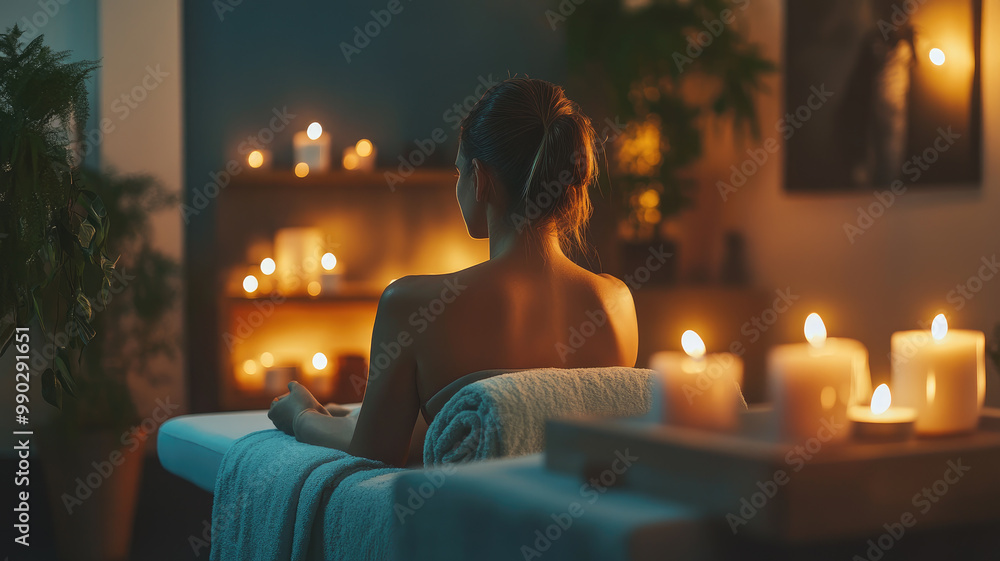 A serene spa setting with a woman relaxing on a massage table surrounded by soft candlelight. The warm glow of candles creates a calming, tranquil ambiance perfect for relaxation. A serene spa setting with a woman relaxing on a massage table surrounded by soft candlelight. The warm glow of candles creates a calming, tranquil ambiance perfect for relaxation.