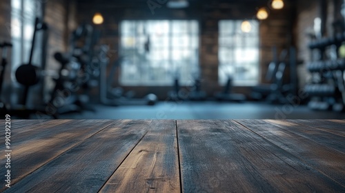 Empty wooden table space platform with fitness gym background