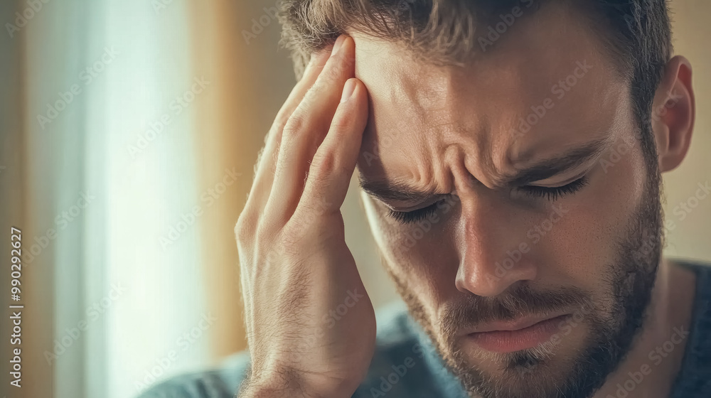 Young man suffering from a strong headache at home Young man suffering from a strong headache at home