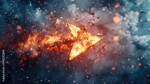 Explosion simulation with arrow sign, original 3d rendering illustration