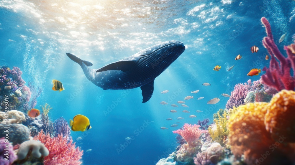 Obraz premium Majestic Whale Swimming in Vibrant Coral Reef