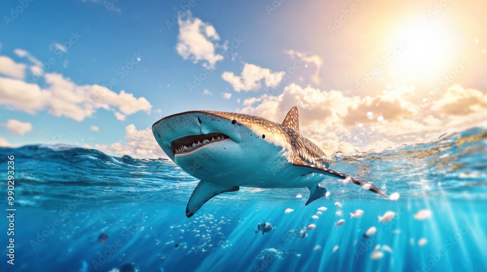 Fototapeta premium Majestic Shark Swimming in Clear Blue Ocean Waters