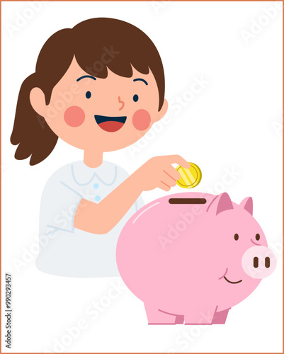 A girl is saving coins into a piggy bank
