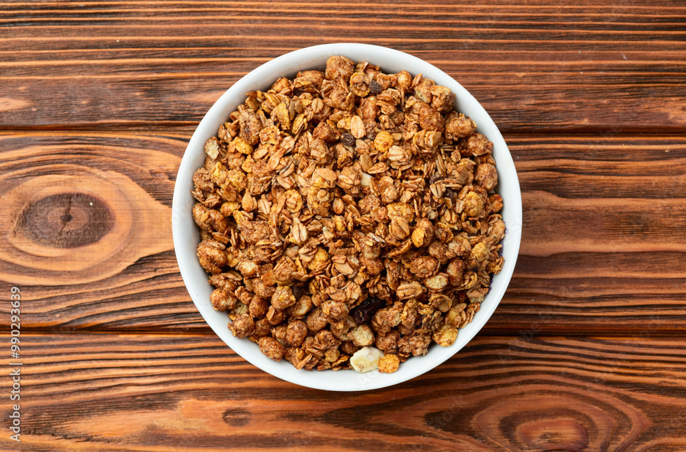 Homemade grain granola . Healthy energy eating . Top view Homemade grain granola . Healthy energy eating . Top view
